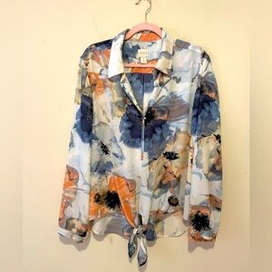 Chico’s  Size 4. Front Knot Floral Watercolor Print.  Long Sleeve, V/-Neck.